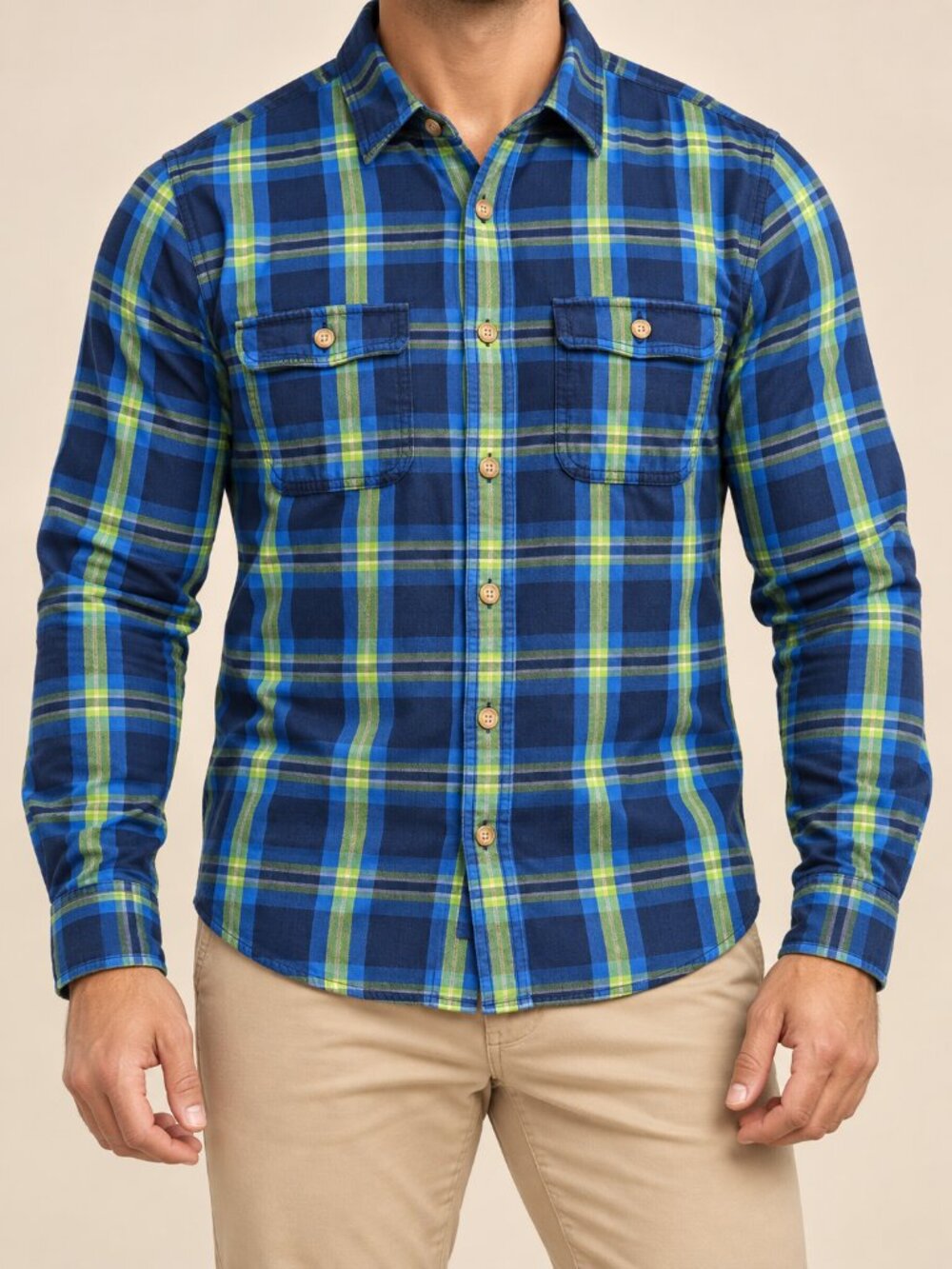 Abercrombie & Fitch Blue Green Plaid Cotton Flannel Shirt XL Muscle Fit
